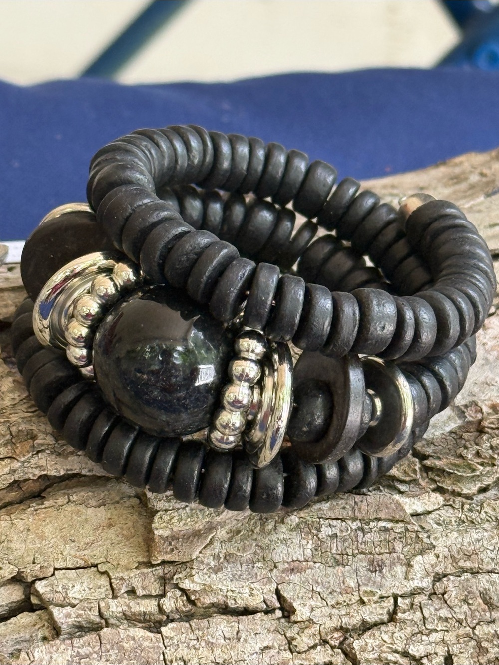 Unbranded Black Beaded Coil Bracelet with Silver Accents